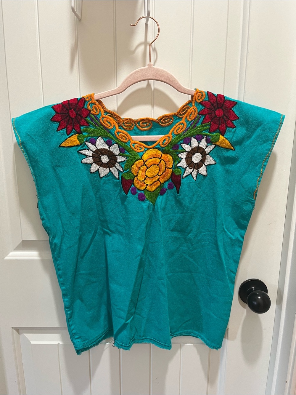 Women's Turquoise Mexican Puebla Blouse with Floral Embroidery - No Size Tag - M